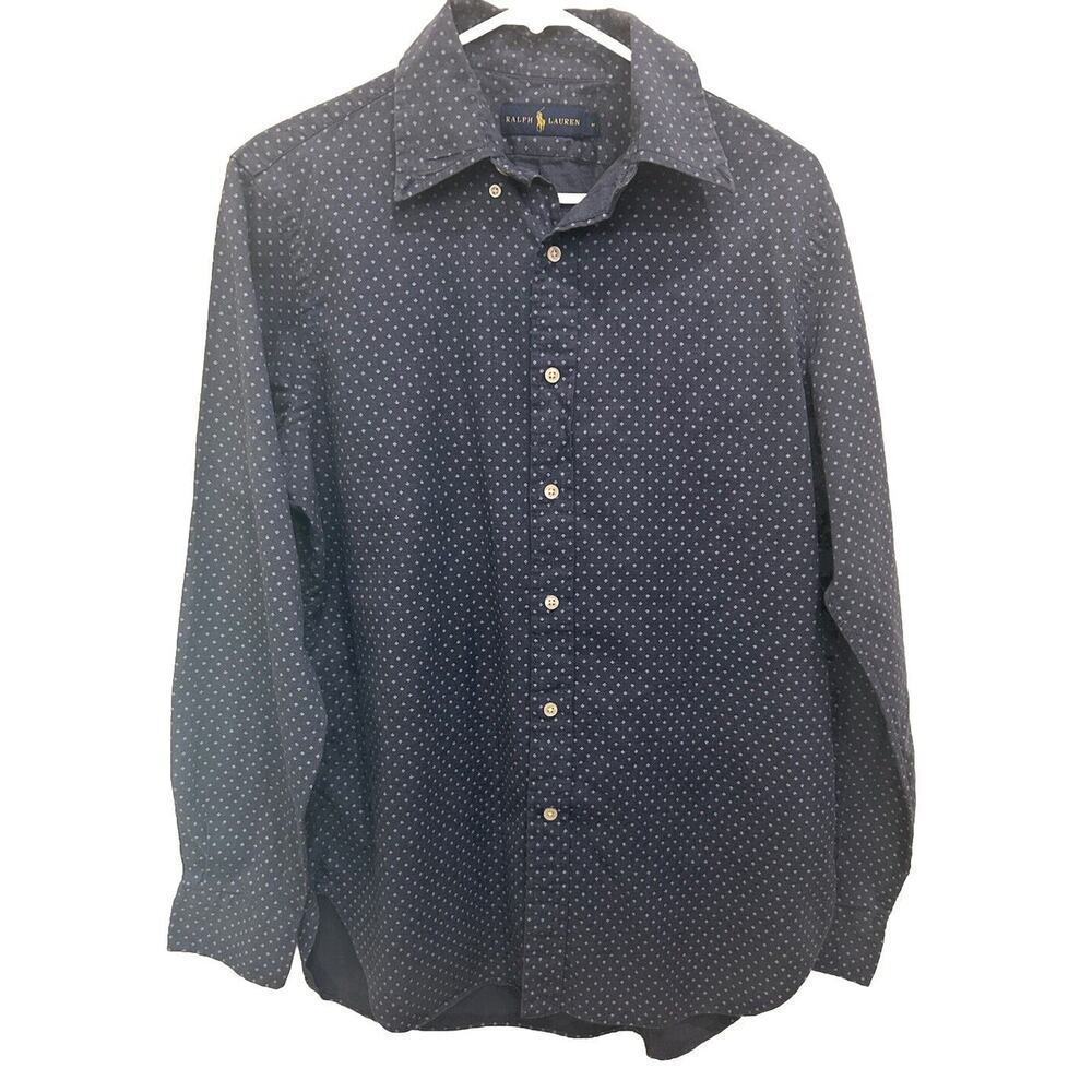 Ralph Lauren Shirt Men’s Medium Button Down Blue w/ White All Over Print Classic